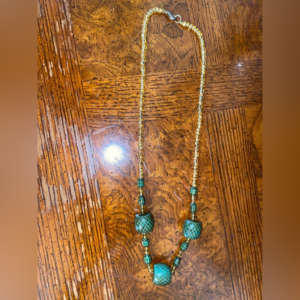 Green Print and Gold Beaded Necklace